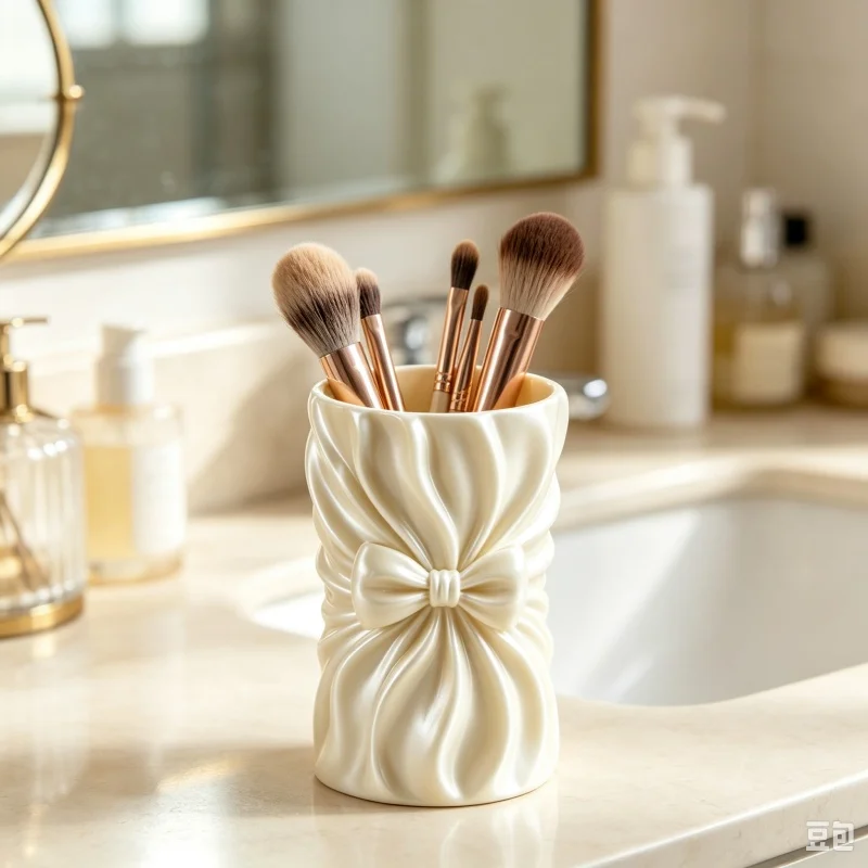 3D Printed Satin Bow Makeup Brush Holder Plastic Cosmetic Organizer Desktop Storage Vase Home Container Vanity Decor