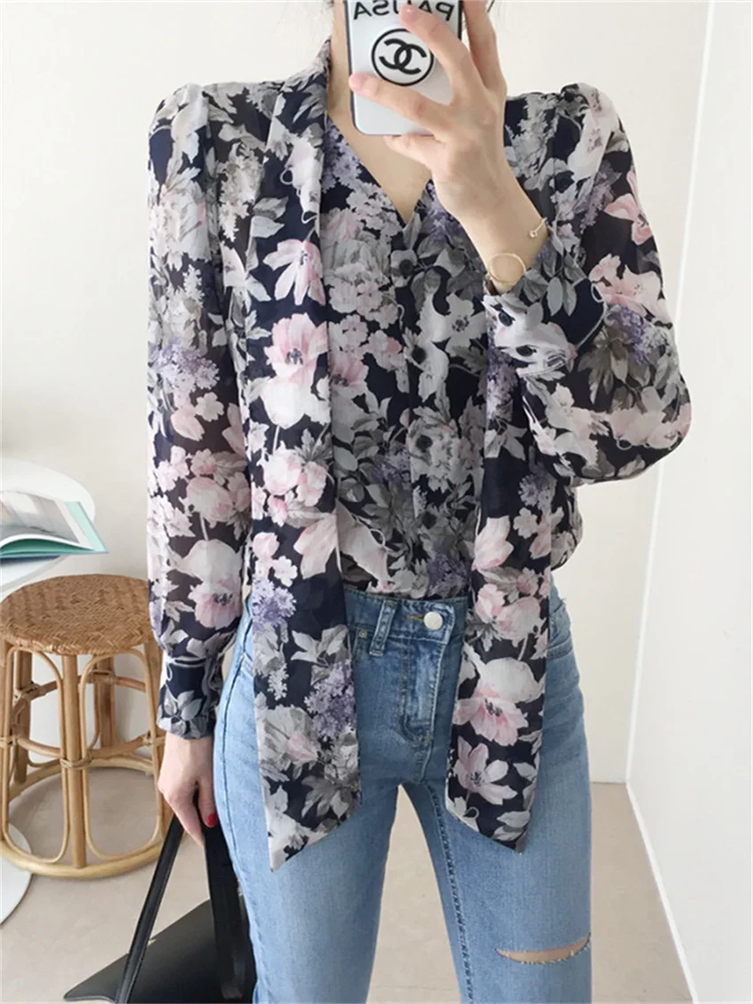 Alien Kitty Florals Work Wear Shirts New Women Daily Loose 2024 Elegant Chiffon All Match Office Lady Spring Printed Gentle