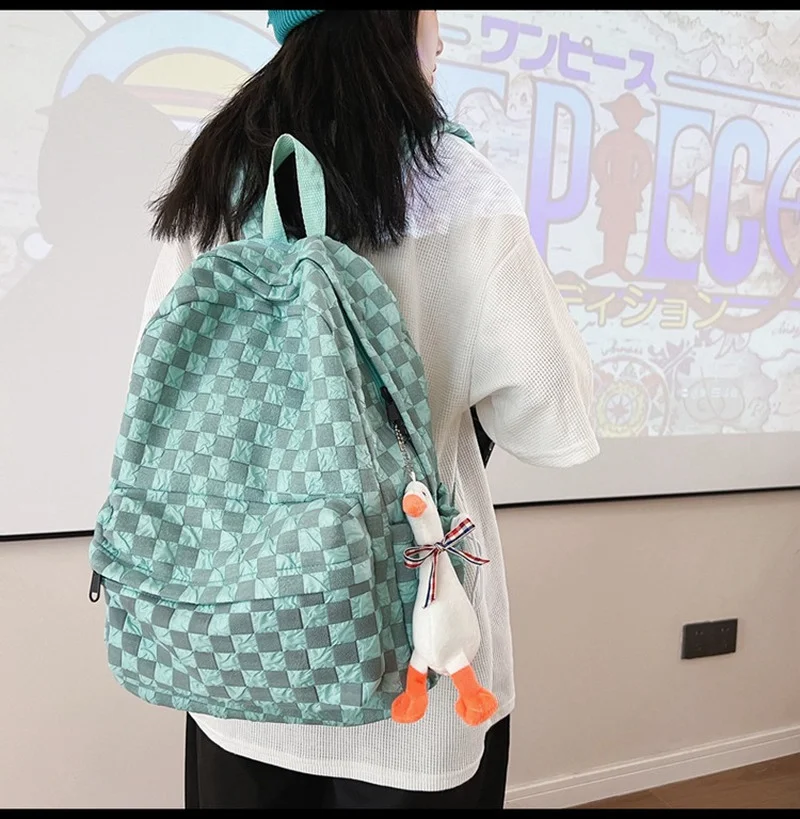 Nylon Plaid Women Backpack Trend Pendant School Bag For Teenager Girls Waterproof Large Capacity Bookbags Travel Backpacks 2022