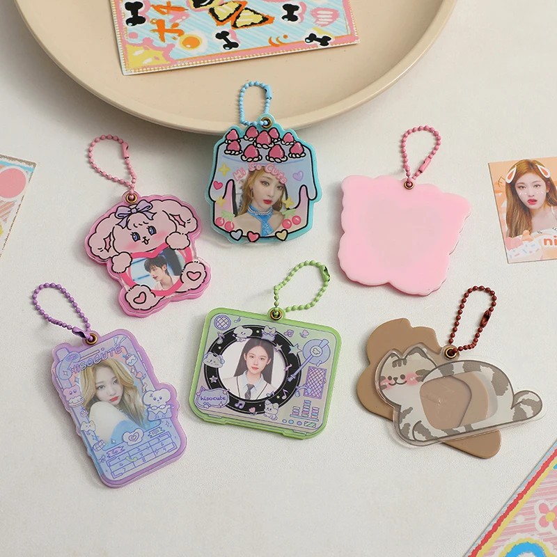 Kawaii 1Inch Acrylic Cartoon Cat Butterfly Kpop Photocard Holder Photo Card Holder Bag Pendant School Stationery