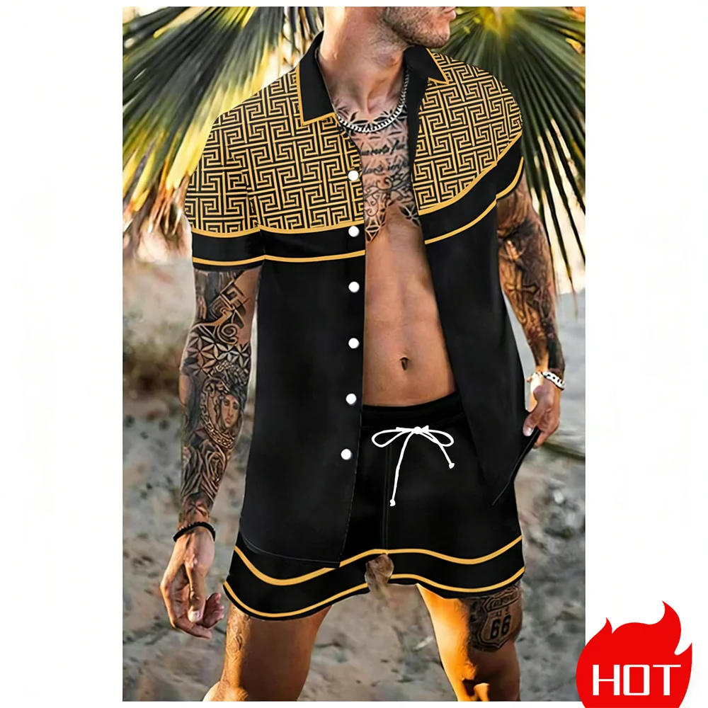 2 Piece/Set Lapel Short Sleeve Men's Sportswear Drawstring Funny Caveman Full Print Shirt Loose Shorts Sweatshirt Men's Hawaii ﻿