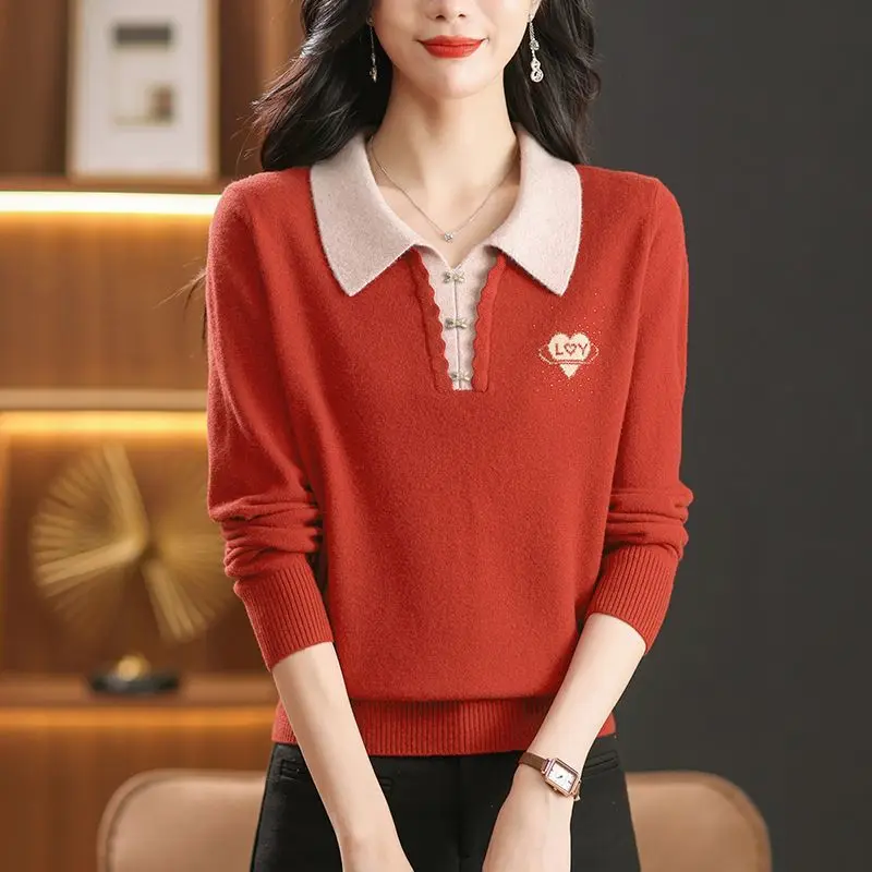 

Sweater Bottoming Shirt for Women New Casual Knitted Autumn and Winter Polo Collar Color-blocked Long-sleeved Versatile Pullover