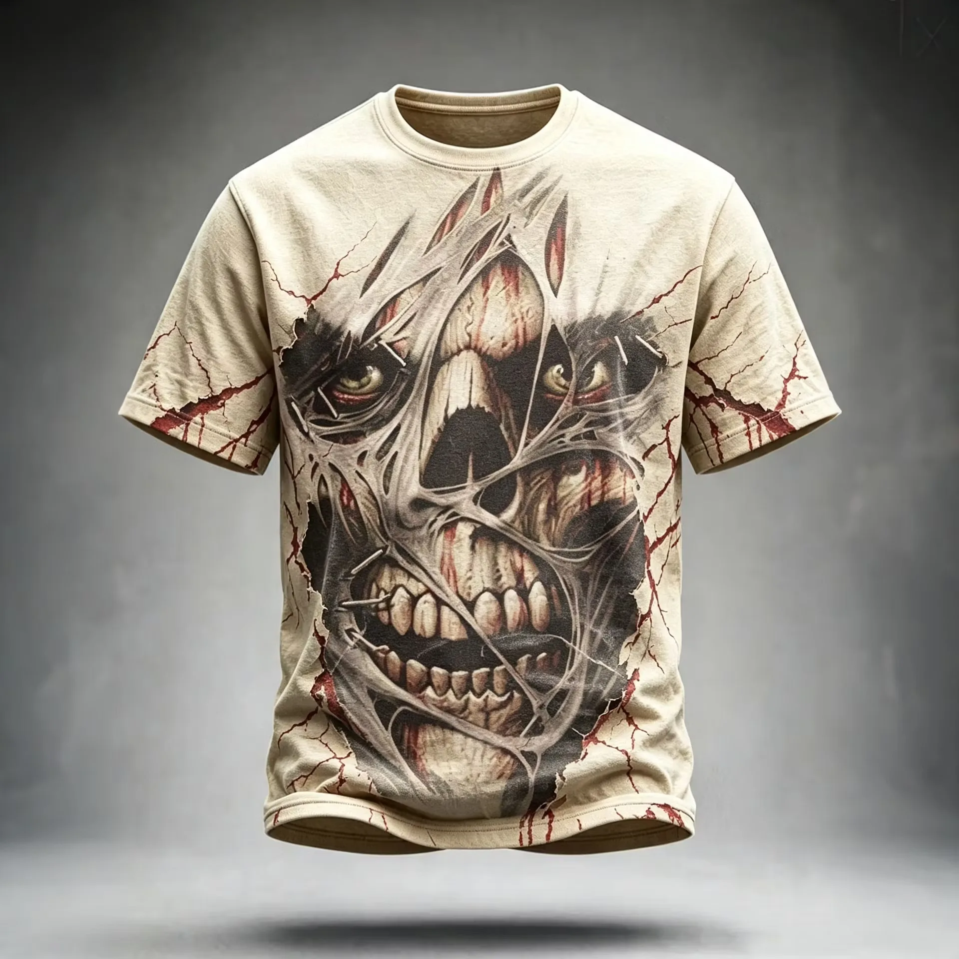 Men 3D Ripped Fabric Zombie Skull Print T‑Shirt Crack Bloody Texture Horror Pattern O‑Neck Short Sleeve Streetwear Tee Tops