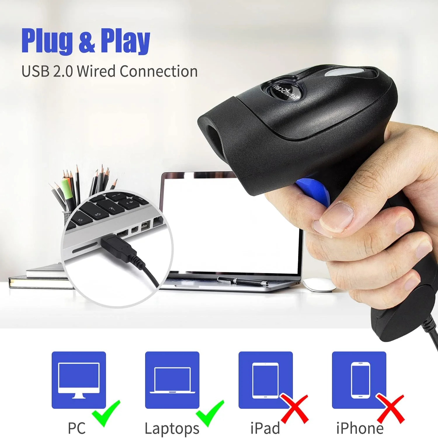 USB 1D Barcode Scanner,  Wired CCD Barcode Reader Supports Screen Scan UPC   Reader for Warehouse, Library, Supermarket Rfid