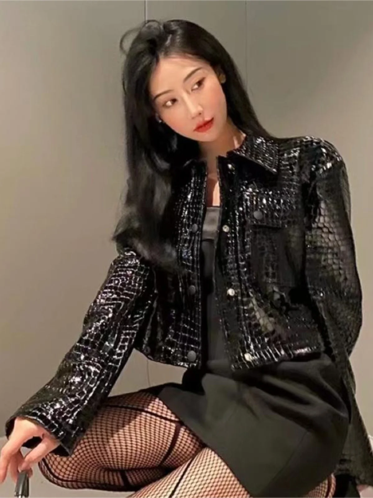   Or PU cuir Jaet Cool peau de serpent motif brillant manteau en cuir Sli femmes Faion printemps Collection