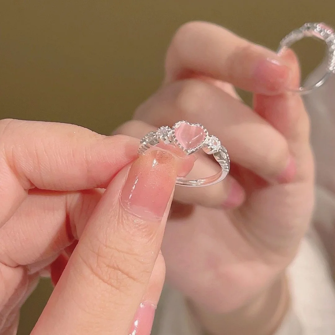 

DUTRIEUX 2025 Pink Love Heart Crystal Rings for Women Girls Shiny Zircon Open Ring Irregular Grunge Aesthetic Egirl Jewelry Gift