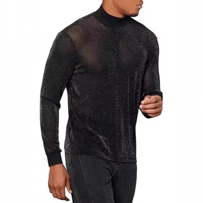 Mesh Long-sleeved Shoulder-down Perspective T-shirt Men's Sexy Nightclub Shiny Breathable Mesh Bottoming Shirt Men's Performance