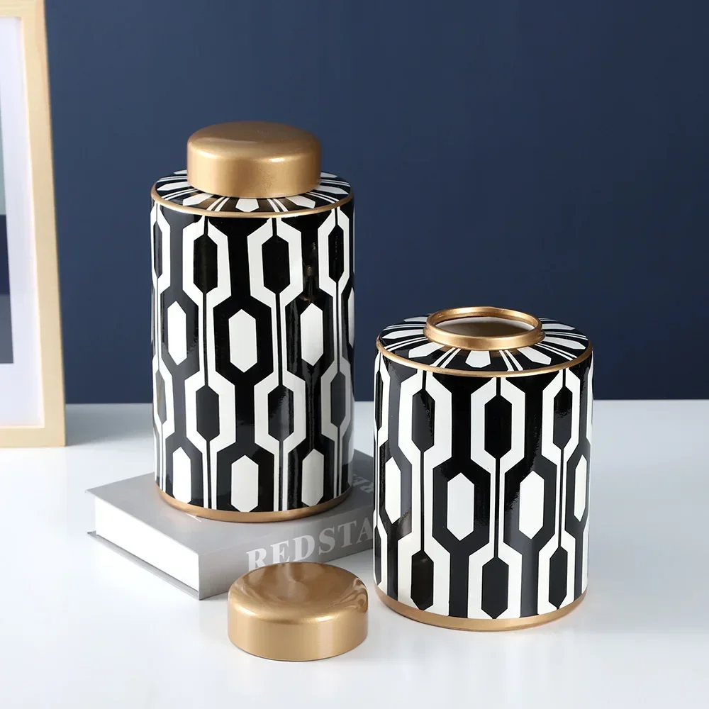 Geometric Pattern Ceramic Vase Creative Black and White Stripes Decoration Crafts Storage Tank Living Room Table Home Decoration