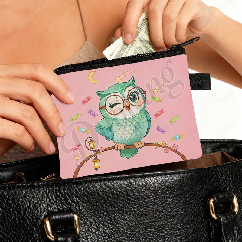 Cartoon Drawing Owl Perching on The Branch Graphic Patten Coin Bag Women Card Key Earphone Holder Coin Purse Zipper Pouch view 5