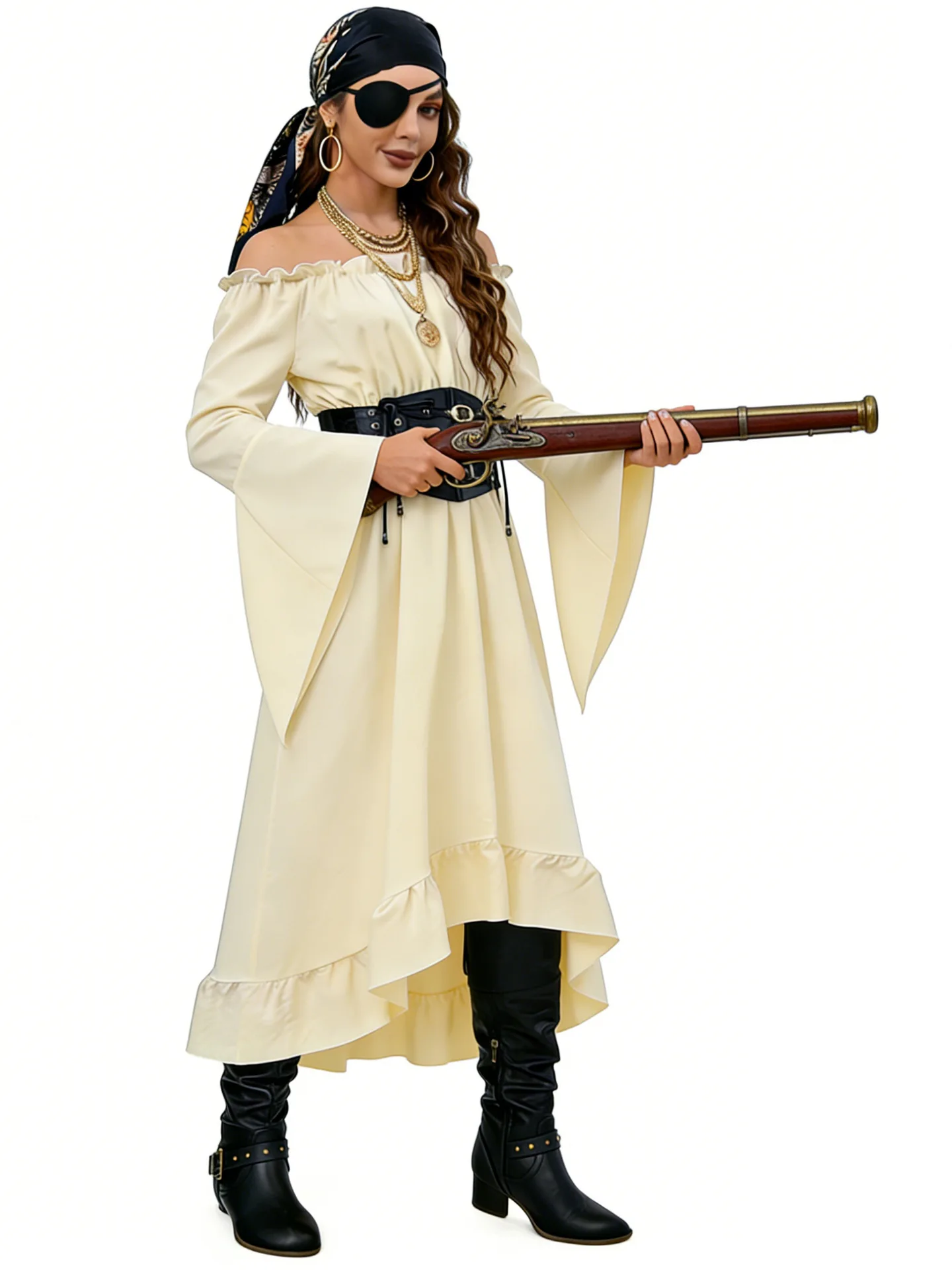 

Pirate Style Waist-Cinched Maxi Skirt One-Shoulder Bell Sleeve Long Dress Halloween Cosplay Stage Role-playing Costume Women