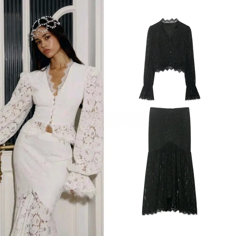 

Spring Summer Women's Lace Hollow Design V-neck Long Sleeve Top And Midi Skirt Slim Fit Fashion Set High Waist