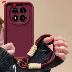 Lanyard Wrist Strap Silicone Case For Xiaomi Redmi Note 14 Pro Plus 14C 4G 5G Fundas Solid color Soft Back Cover