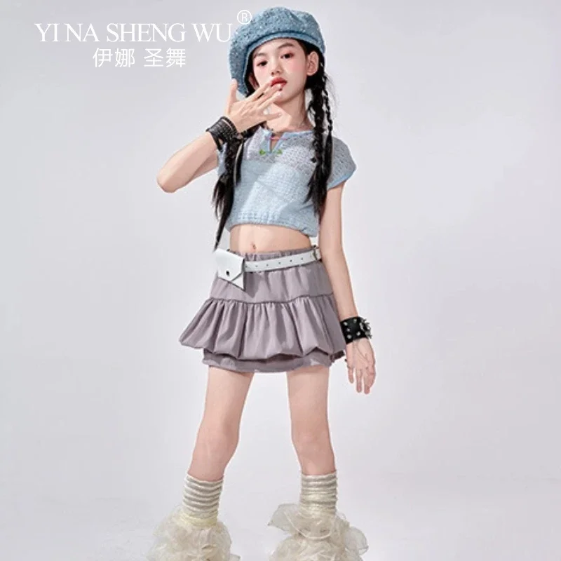

Детская одежда для джазовых танцев, костюм черлидинга для девочек, синий топ, серая юбка, комплект Kpop, хип-хоп, сценическая одежда, детская одежда для выступлений