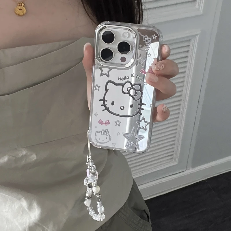 Etui na telefon Cute Cartoon Sanrio Y2K Hello Kitty Silver Plating do iPhone\'a 16 15 14 13 12 11 Pro Max Etui Mirror Surface Cover