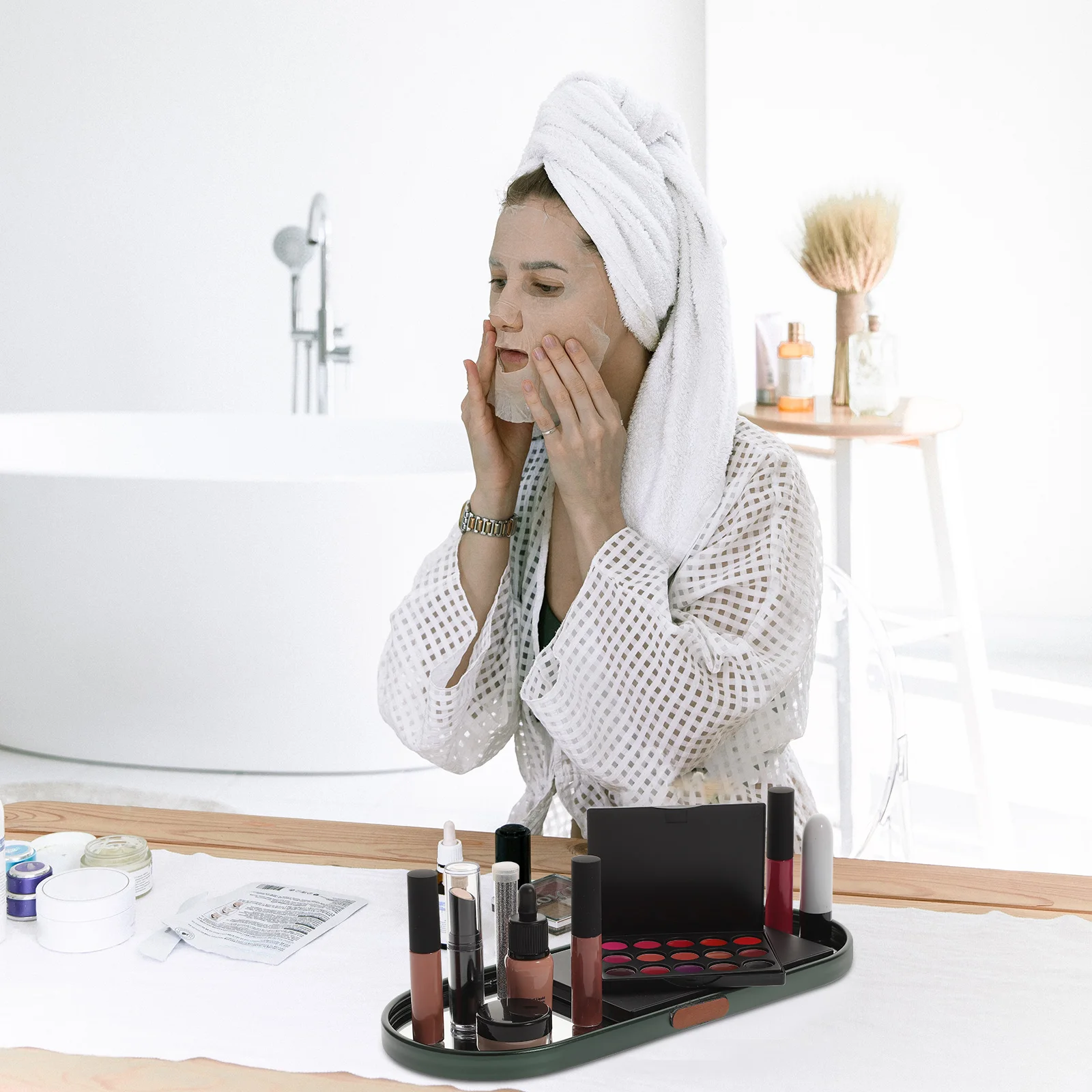 

Oval Desktop Jewelry Cosmetics Storage Plate Mirror Tray Space-Saving Trinket Holder Bathroom Vanity Lipstick Container Key Ring