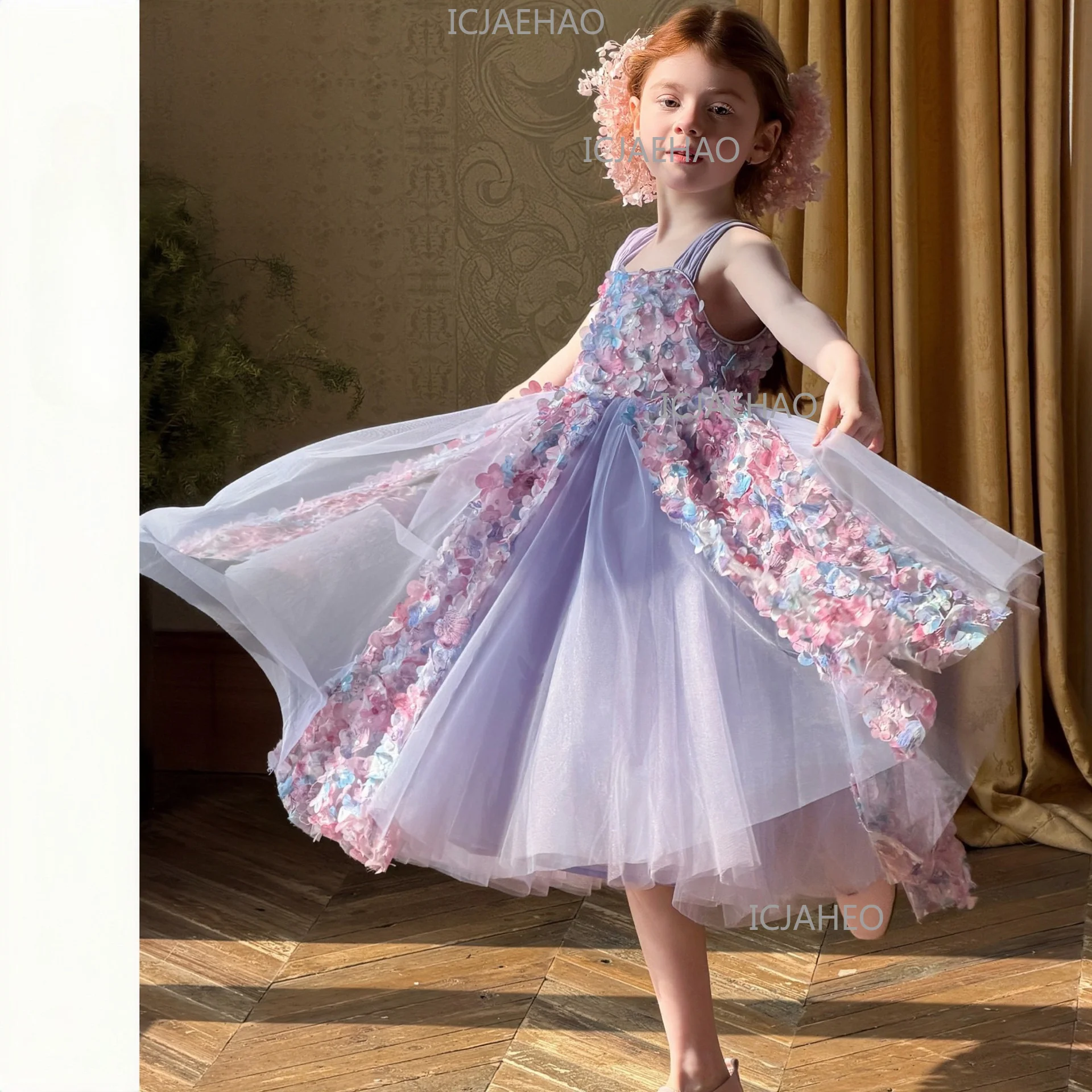 Girls' Dress 3D Flower Tulle 2026 New Style Kids CostumeSkirt High-End Princess Dress Birthday Banquet Flower Girl Performance