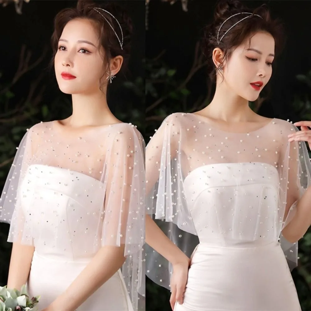 Fashion Lace Bride Wedding Dress Shawl Soft Dress Decor Wedding Cover Up Party Jacket Wraps Pearl Cape For Women Dress
