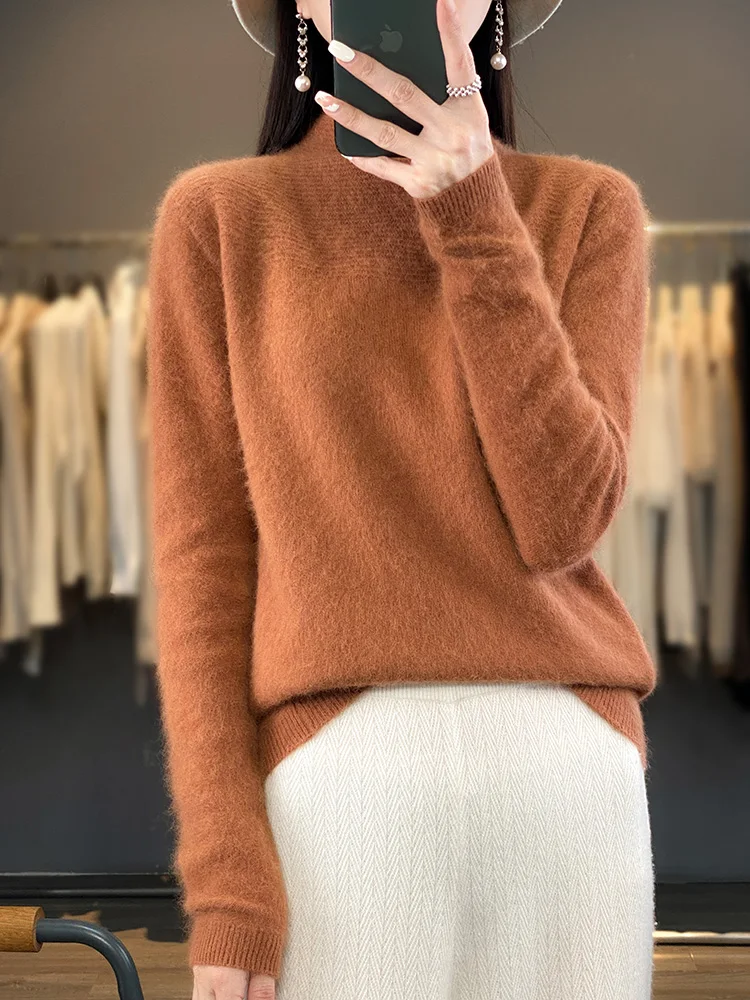 100% Mink Cashmere Pullovers Women's Knitted Sweater Mock-neck Long Sleeve Jumper Autumn Winter Soft Warm Female Clothing Top