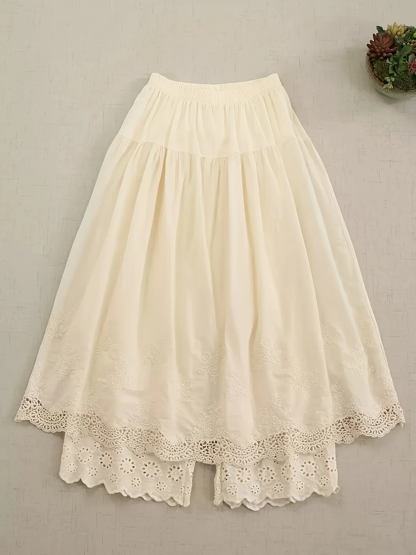 Japanese-Style Sweet Mori Girl 100% Pure Cotton Heavy Embroidery Patchwork Solid Color Skirt Pants 2026 Spring/Summer New Age-Reducing Water-Soluble Lace Loose Versatile Mid-Length Skirt