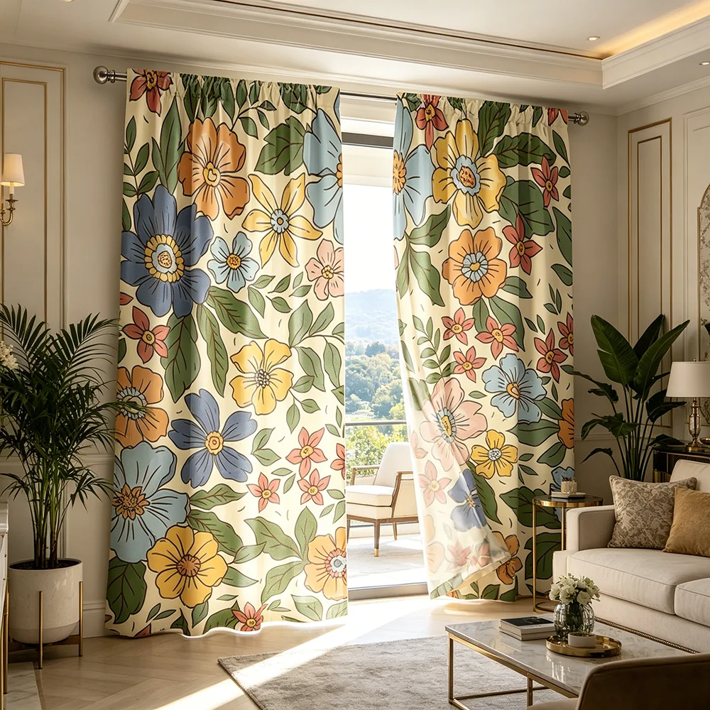 2PCS Colorful Flower Green Leaf Curtains, Botanical Print, Nature Window Drapes for Living Room Bedroom Home Decor