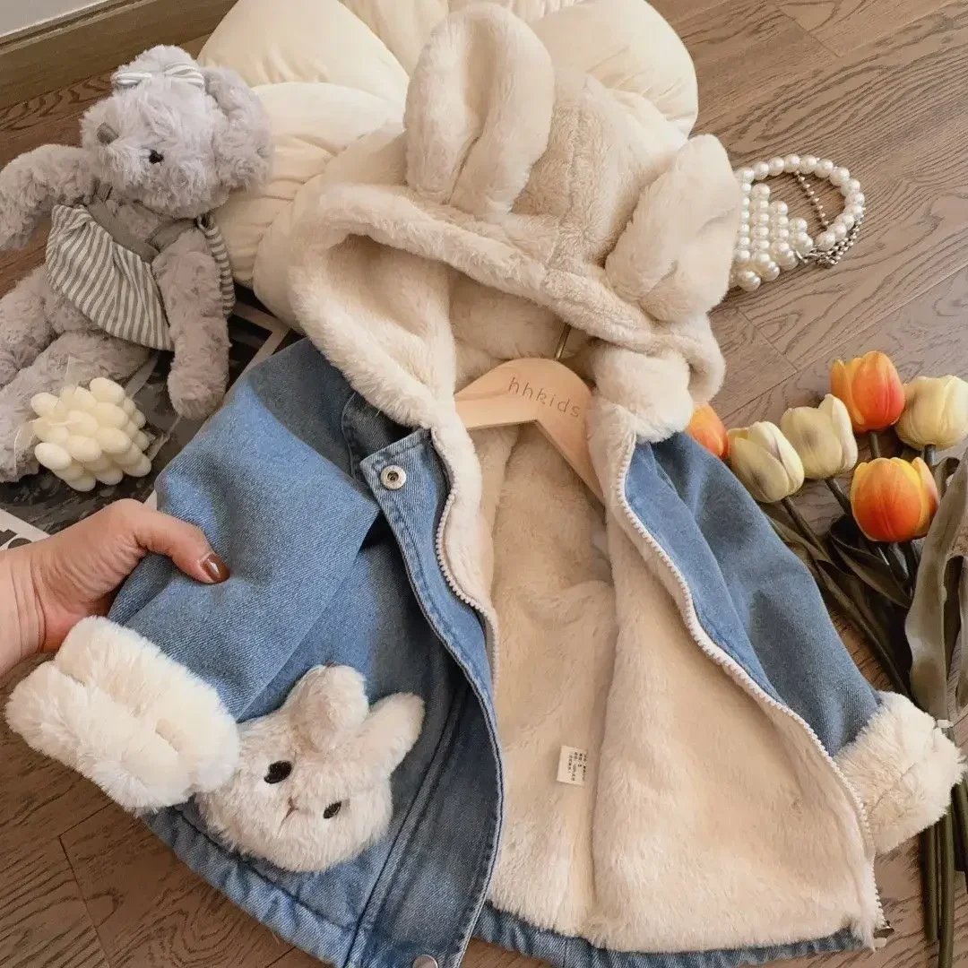 2-8T Toddler Kid Baby Girl Winter Clothes Plush Warm Infant Hooded Coat Thick Velvet Childrens Jackets Rabbit Outwear Outfit