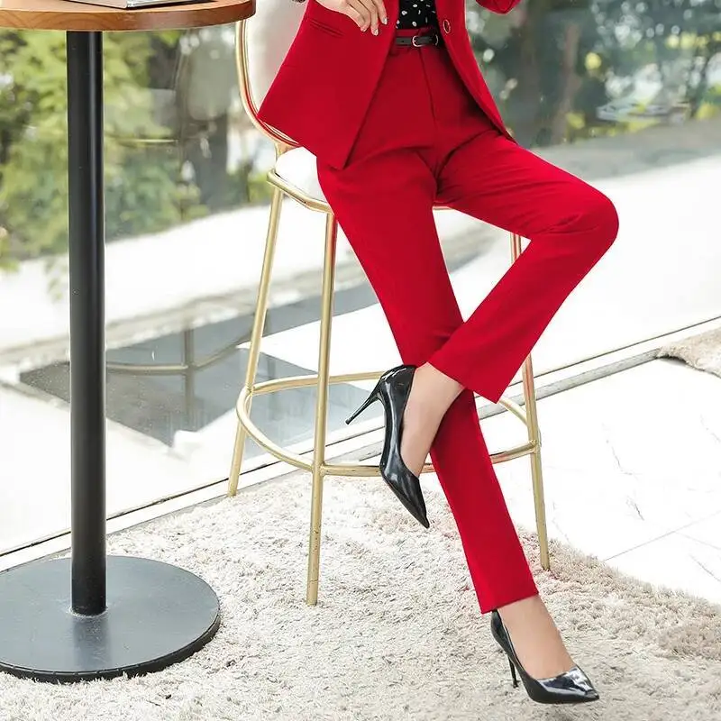 Elegant Red Formal OL Styles Pencil Pants for Women Business Work Wear Slim Hips Trendy Skinny Leggings Female Trousers