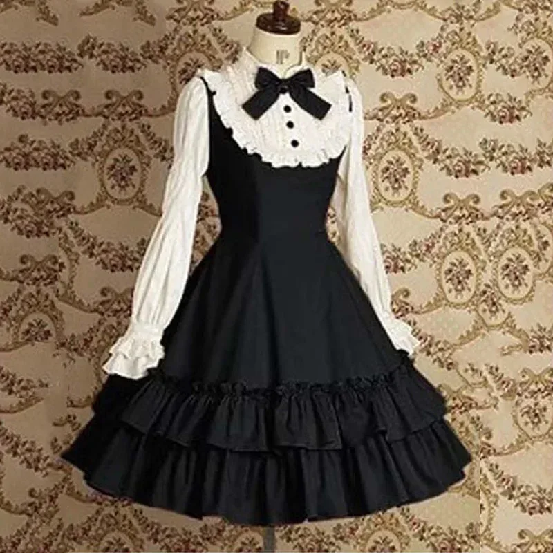 Sweet Girls Vintage Slim Cotton Dress Lolita Classic Mary Magdalene Women Bow Tie Ruffle Layer Princess Mini Costume For Ladies