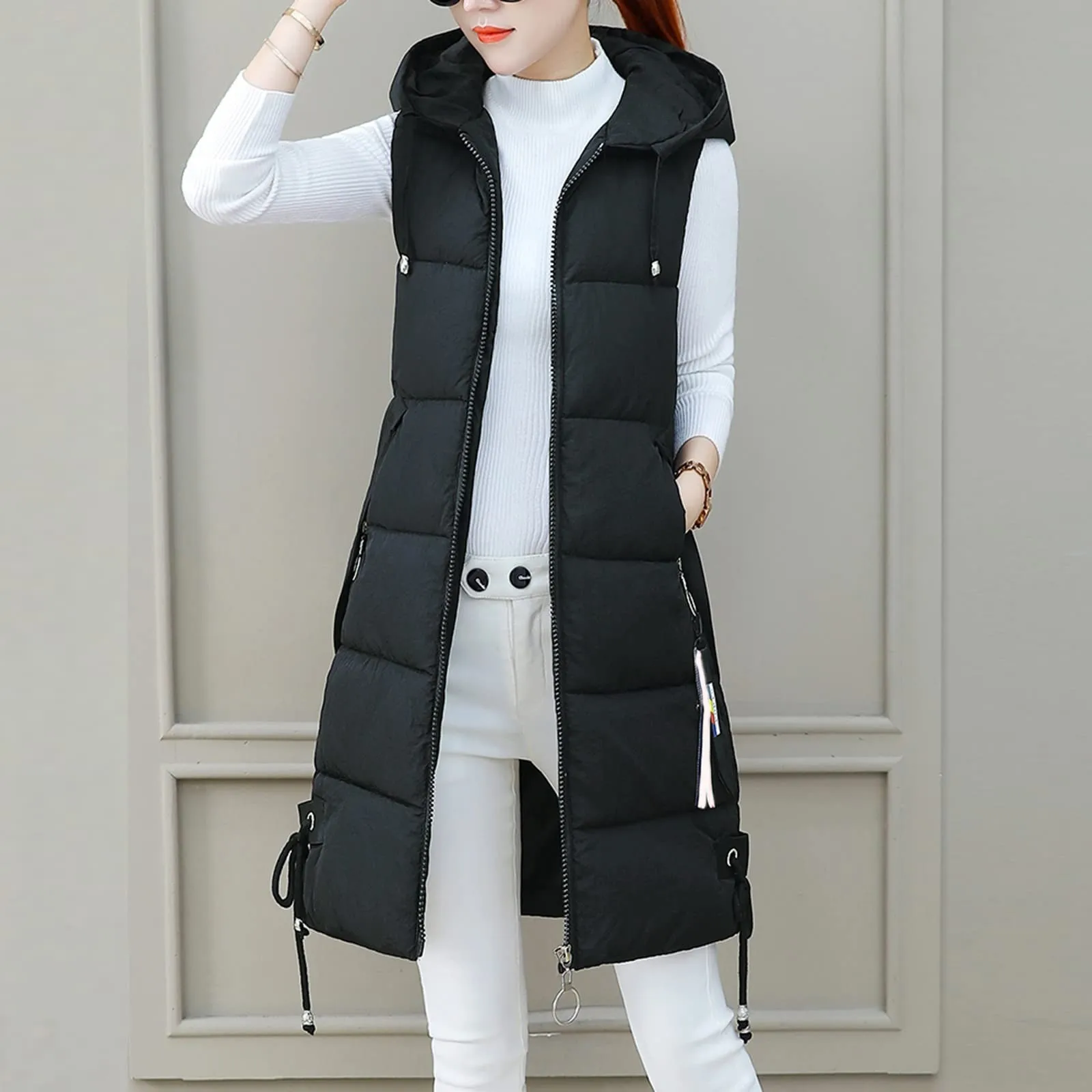 Women'S Autumn And Winter Temperament Sleeveless Cardigan Mid-Length Cotton Vest Vest Coat Abrigos Mujer Invierno Chamarras Muje