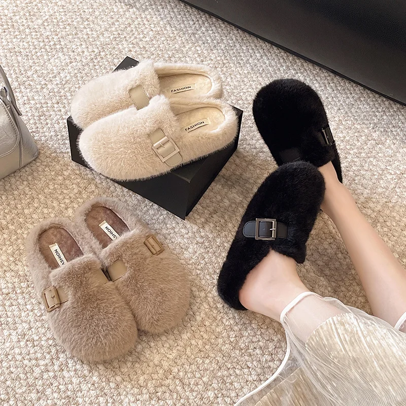 

Autumn Winter New Fashion Slip-On Outdoor Closed-Toe Half Slippers Cotton Slippers Furry Shoes