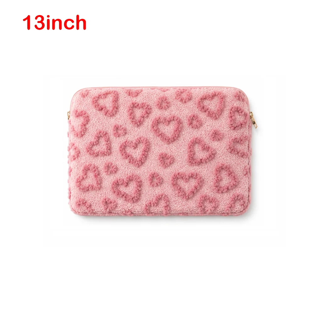 11/13/15inch Laptop Sleeve Heart Pattern Plush Notebook Computer Sleeve Zipper Closure Soft Texture Protective Device Case