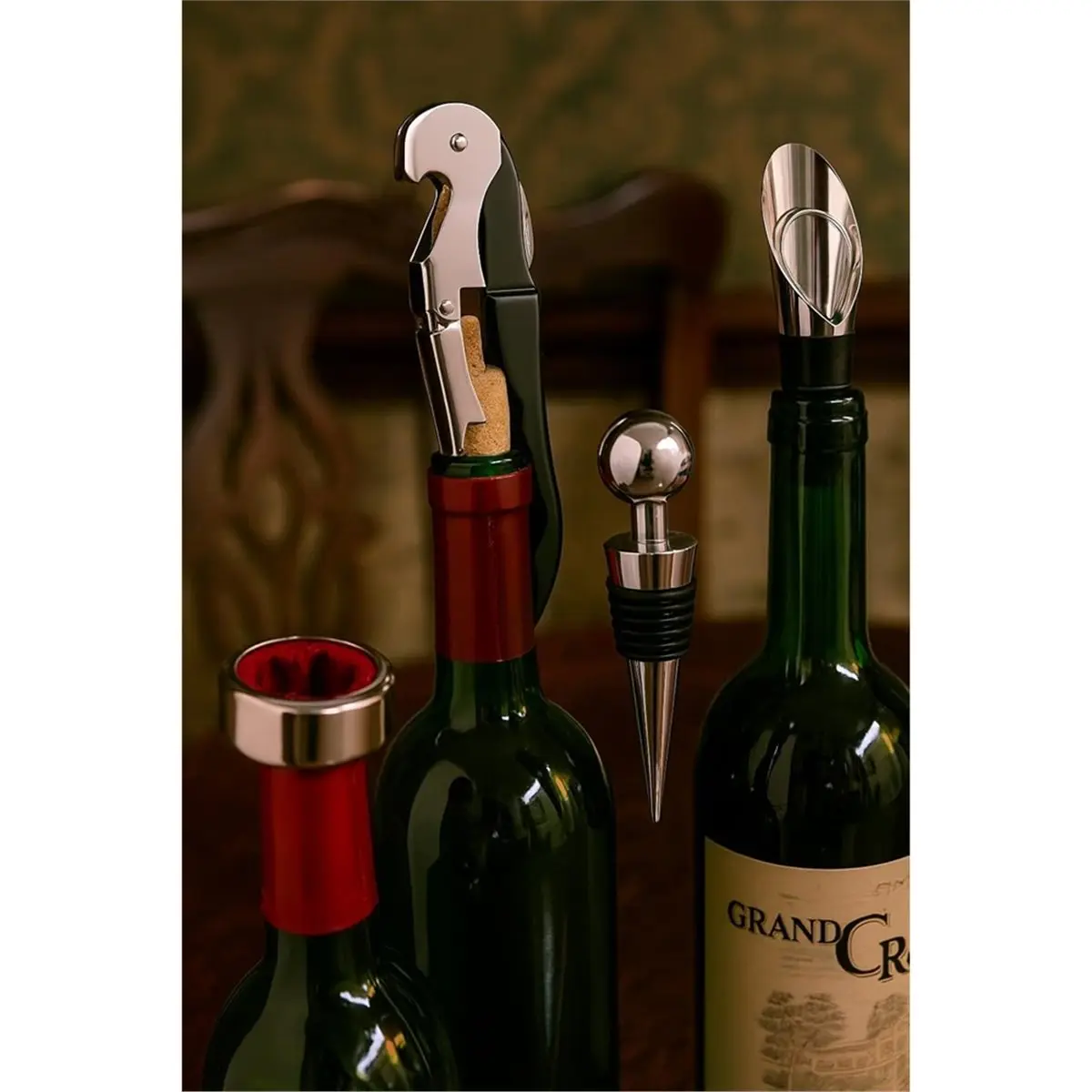 Box with Chess Set - with Wine Opener, Wine Stopper, Wine Pourer & Wine Drip Ring - Special Gift for Travel