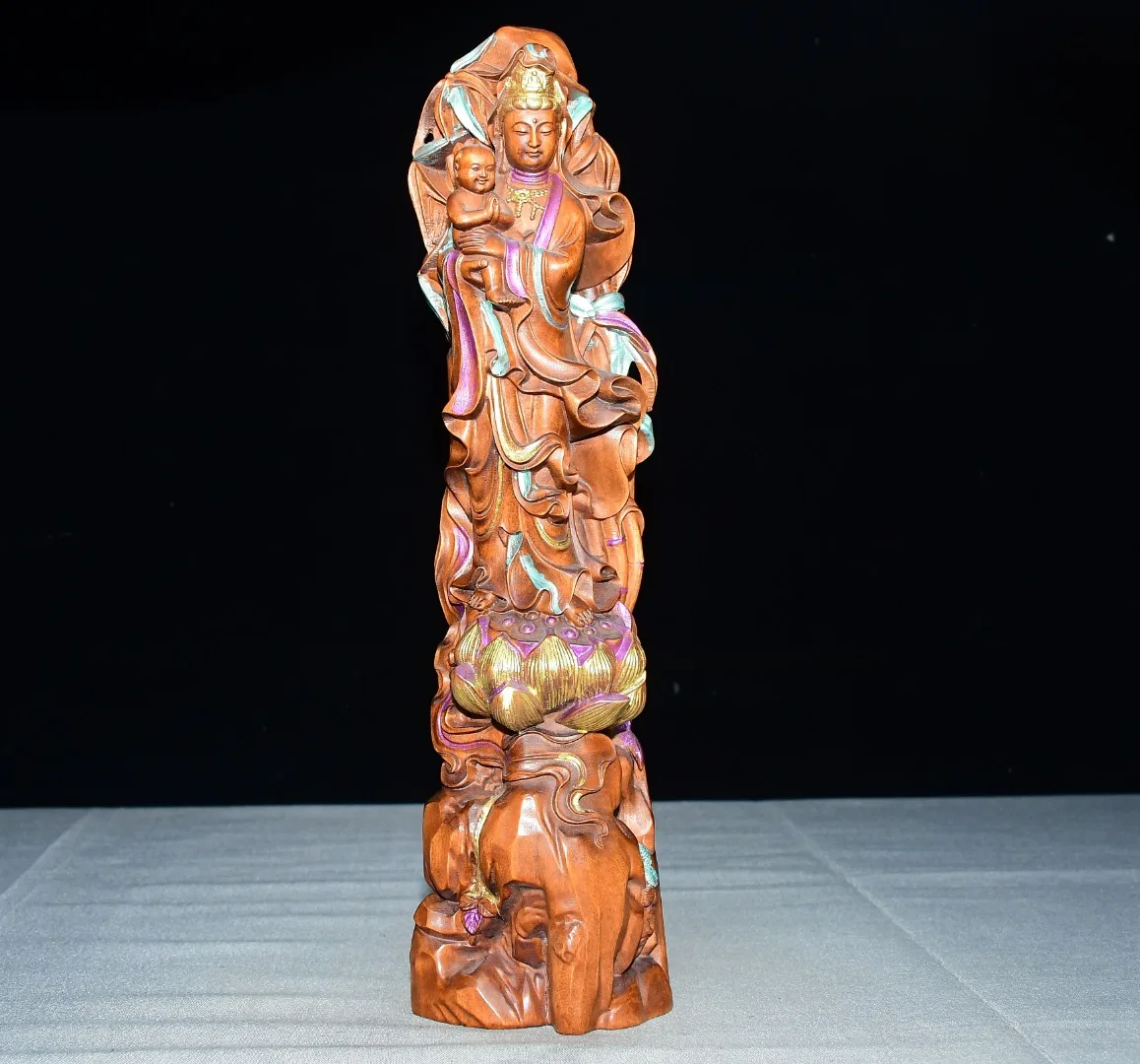 Old Boxwood painted Sending off the Child Guanyin Bodhisattva Station Buddha Lotus leaf backlight Ornaments Town house