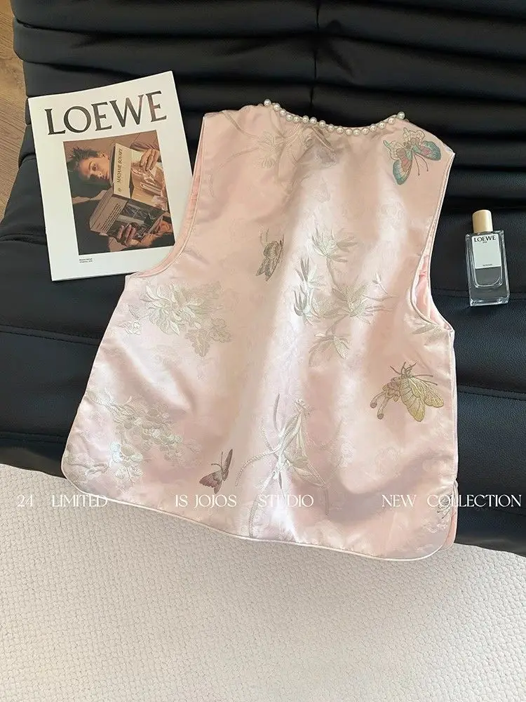 플로럴 자수 새틴 실크 베스트 여성 민소매 빈티지 탑 중국풍 레트로 버클 탑