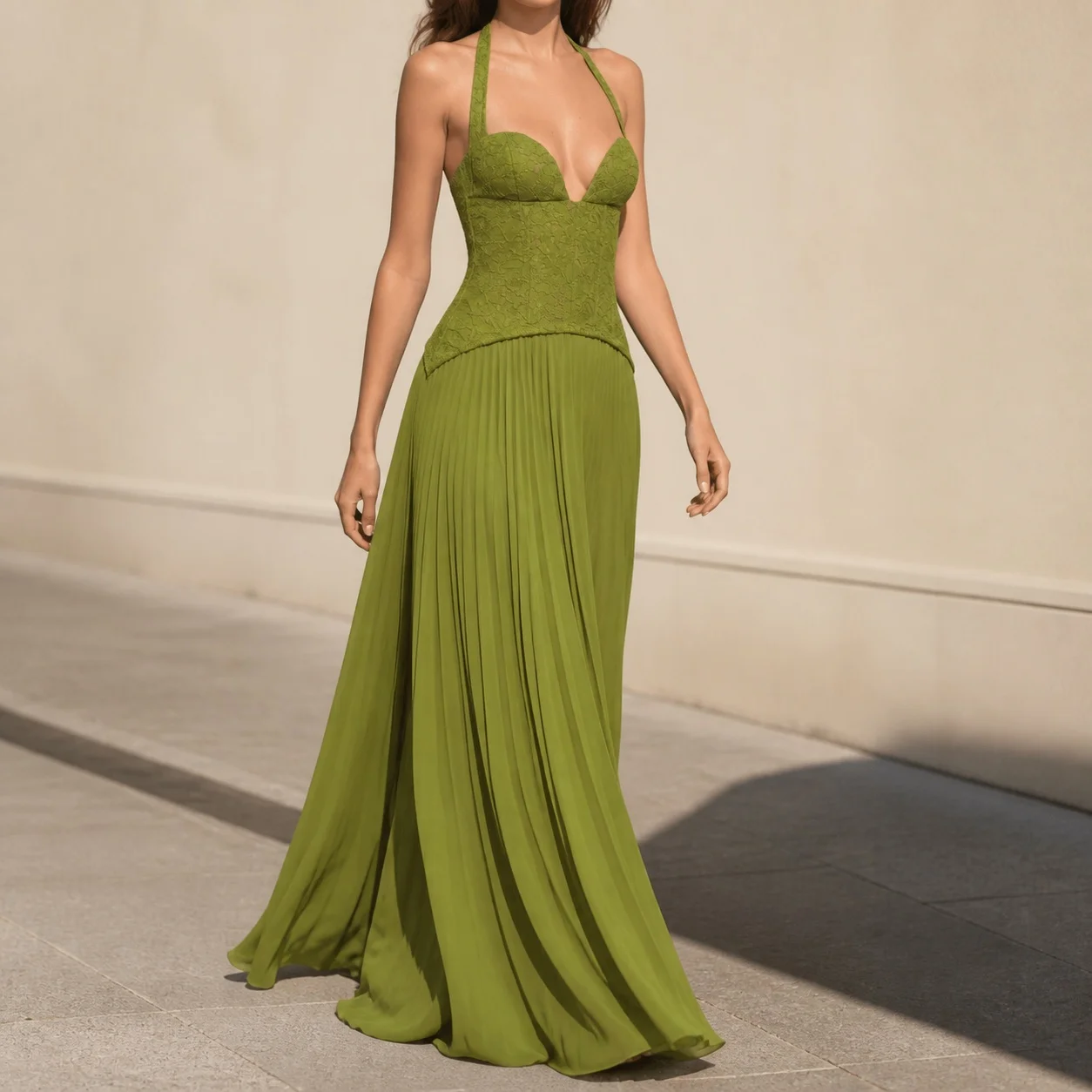 Pleated Backless Low Neck Sleeveless High Waist Bodycon Long Dress for Wedding Guest Summer Elegant Party Wedding Party Women
