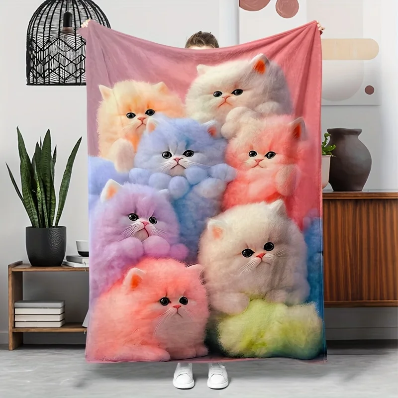 Cute Rainbow Kitten Throw Blanket, Fluffy Multicolor Long Hair Cat Art Print Cozy Flannel Blanket for Bedroom Sofa Home Decor