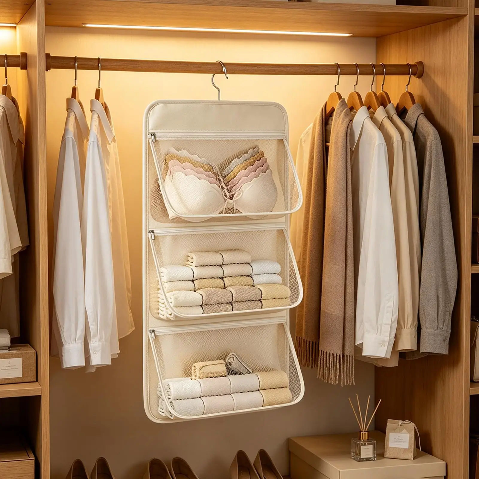 Multifunctional Mesh Pockets Hanging Storage Bag for Socks Underwear Bra Closet Organizer Wardrobe Space Saving Holder ﻿