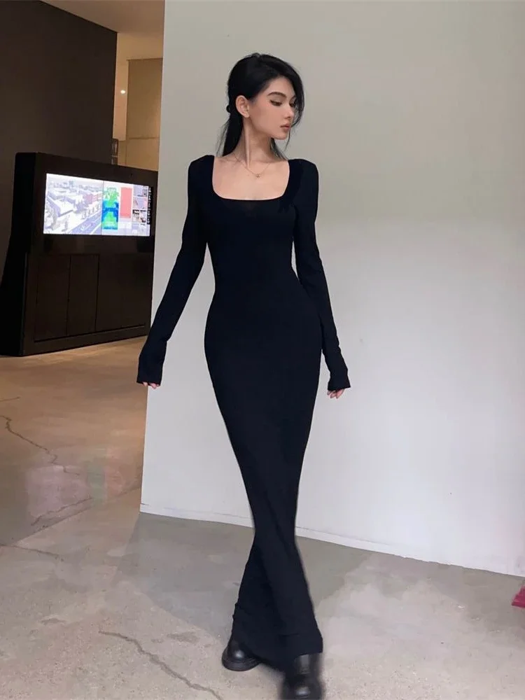 QWEEK Y2K Sexy Black Dress Women Vintage Wrap Slim Bodycon Long Dresses Party Evening Square Collar 2024 Fashion Spring Outfits