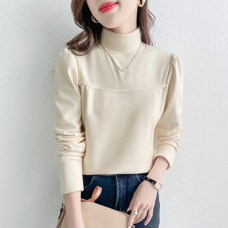 Women\'s Autumn Winter Pullover Turtleneck Solid Shirring Puff Long Sleeve Undershirt T-shirt Fashion Casual Office Lady Tops