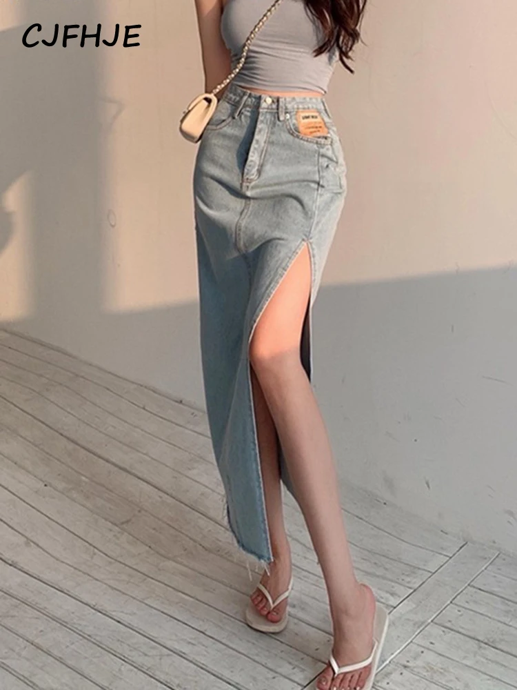 

CJFHJE High Waist Black Long Denim Skirt Women Vintage Sexy Split Fork Bodycon Elegant Lady Jeans Skirt Summer Blue Midi Skirts