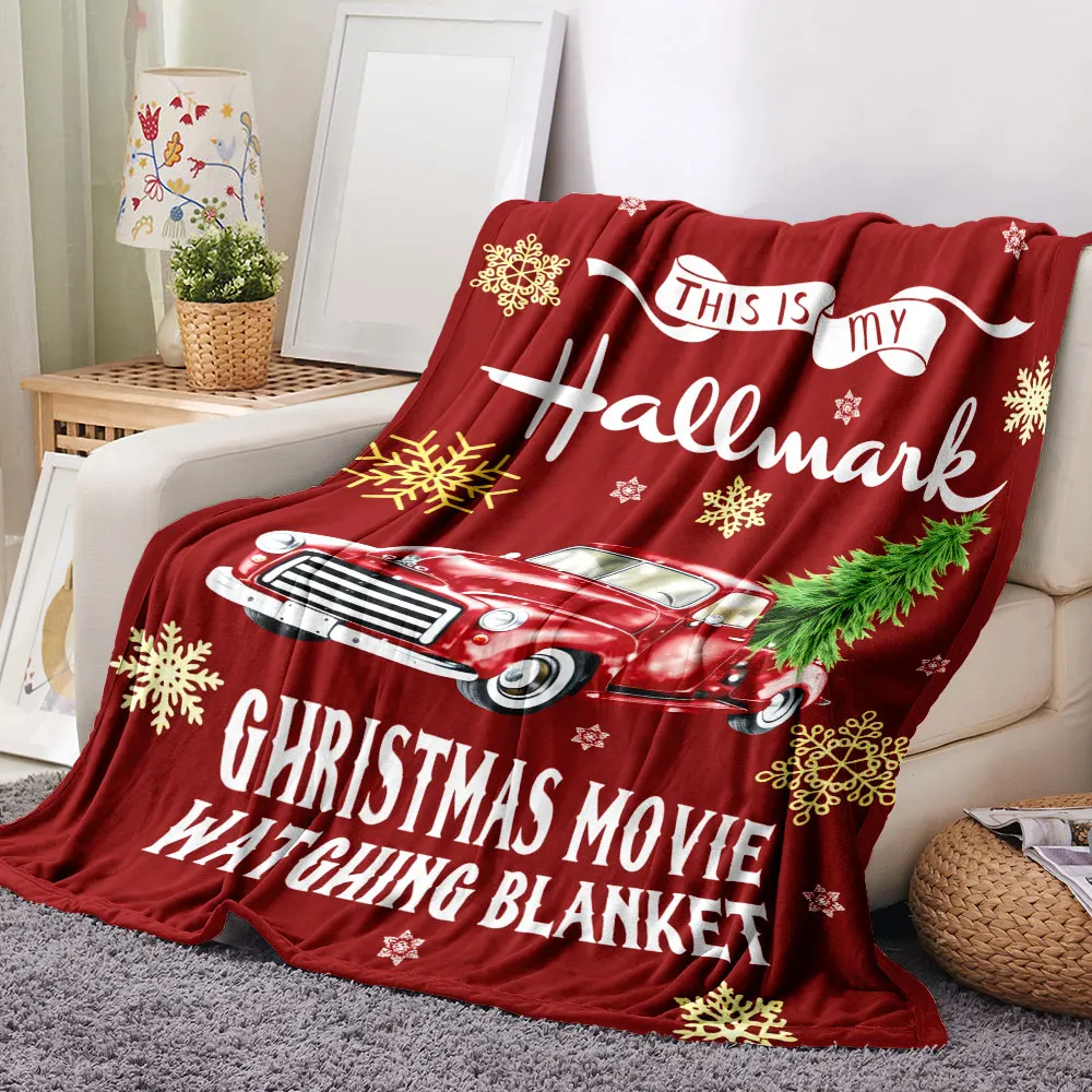Christmas Movie Watching Blanket - Festive Red Background with Snowflakes, Stars, Vintage Red Pickup Truck & Christmas Tree Prin