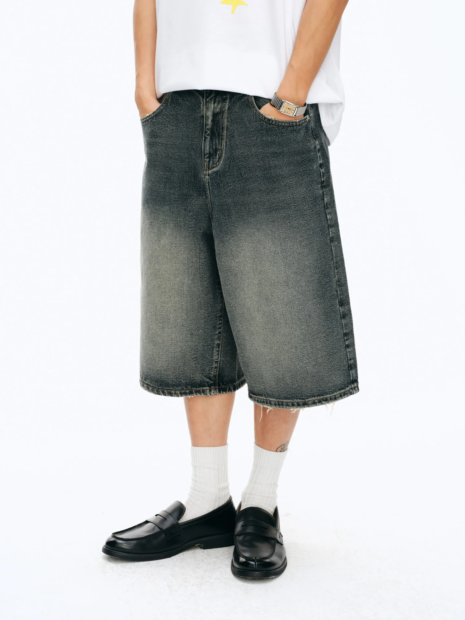 NewJNXS Retro Washed Diagonal Denim Jeans Straight Leg Versatile Five-Quarter Length Unisex Summer Casual Cotton Polyester Blend