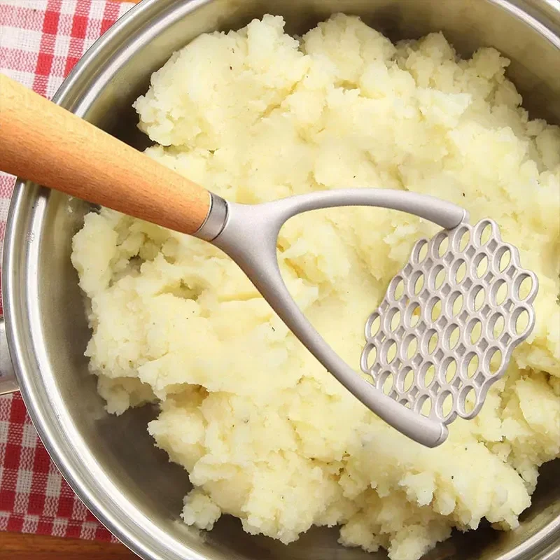 Aluminum Manual Potato Masher with Wood Handle for Kitchen Garlic Pusher & Meat Pressor （1pc）