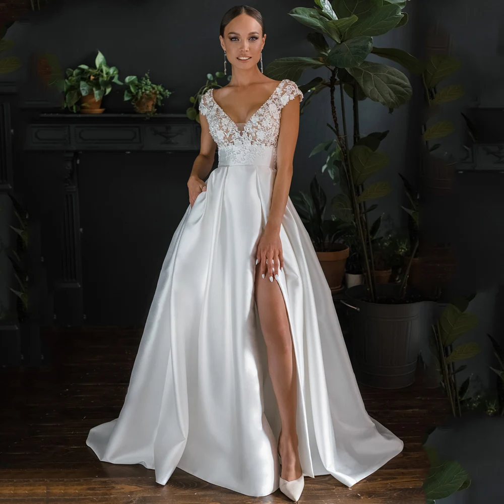 Robe de Mariée Trapèze en Fibre Satin à Imprimé Floral pour Femme, Fente Haute, Dos aux, Découpe, Personnalisé, Sexy, 2025