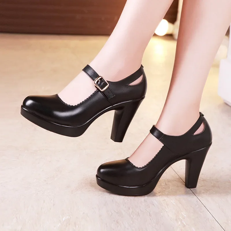 Big Size 32-43 Block Heel Platform Shoes Women Pumps 2024Black Mary Janes Soft Leather High Heels Office Party Dress Shoe