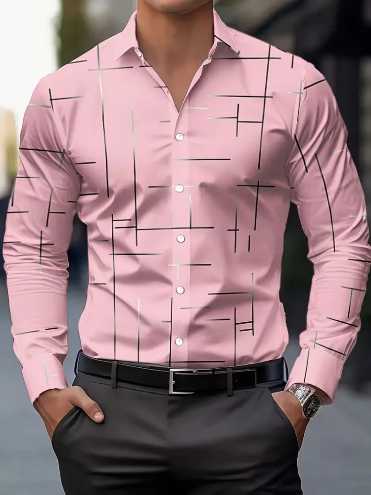 Irregular black cross-print men's lapel long-sleeved shirt, suitable for commuting, parties, business casual, and loose fit.