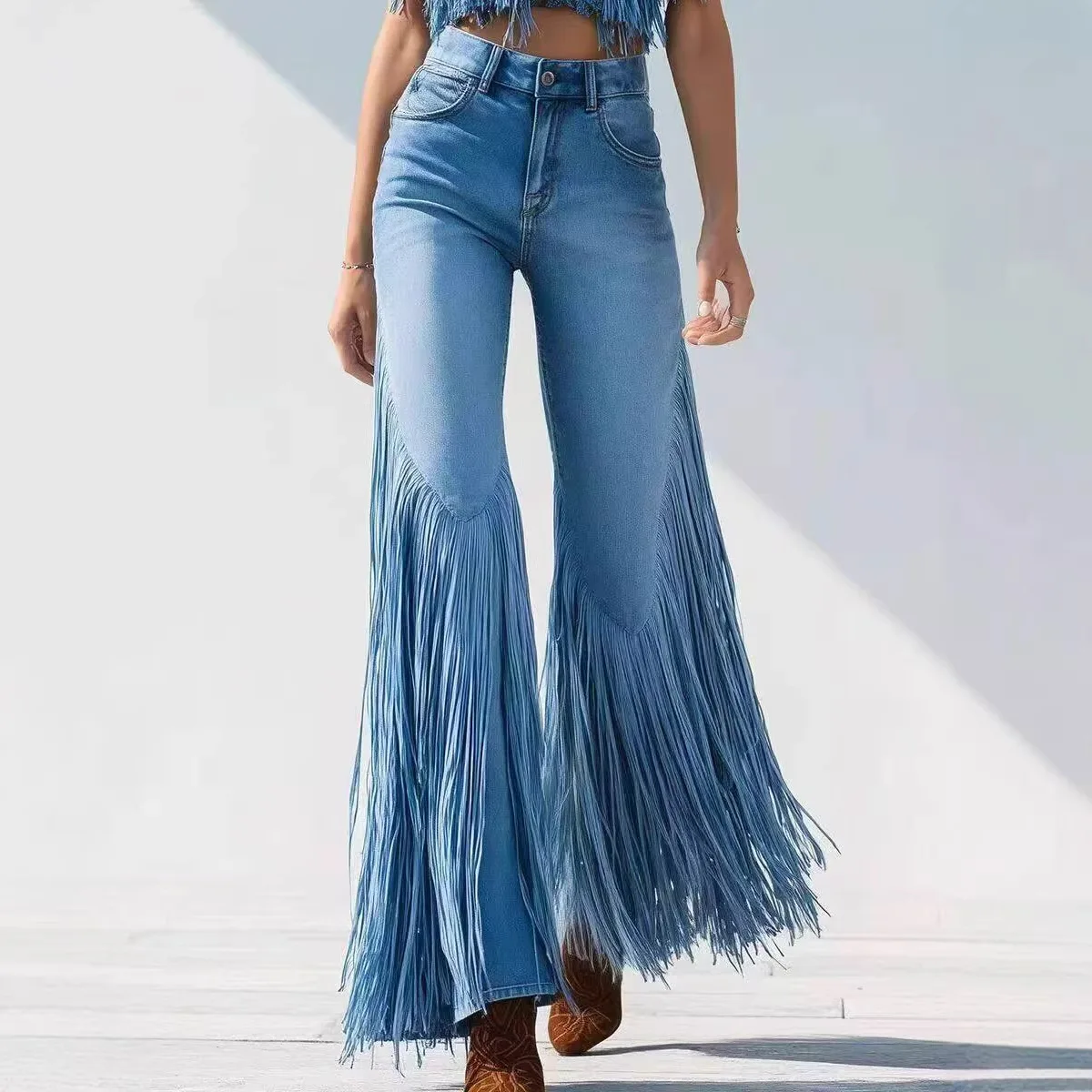 Women Dark Blue Solid Color Tassels Loose Asymmetrical Simple Basic Spliced Jeans Pants American European Fashion Denim Trousers