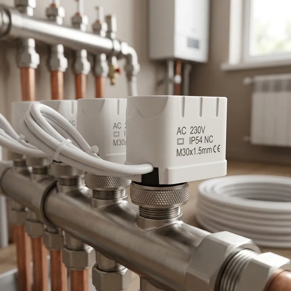Electric Actuator for Underfloor Heating Temperature Regulation with 220-230V AC Input and Normally Closed Valve Operation