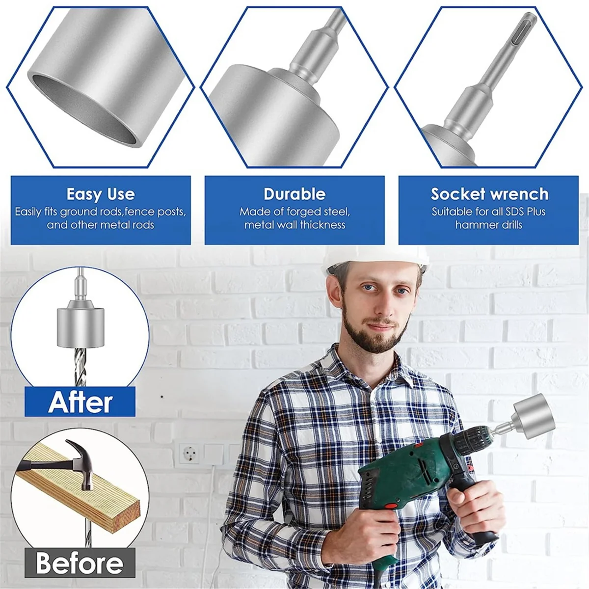 SDS-Plus T Post Ground Rod Driver, Drill Bit Driver Durable Hammer Drill Rod Converter for Hammer Drill Grounding Rods A