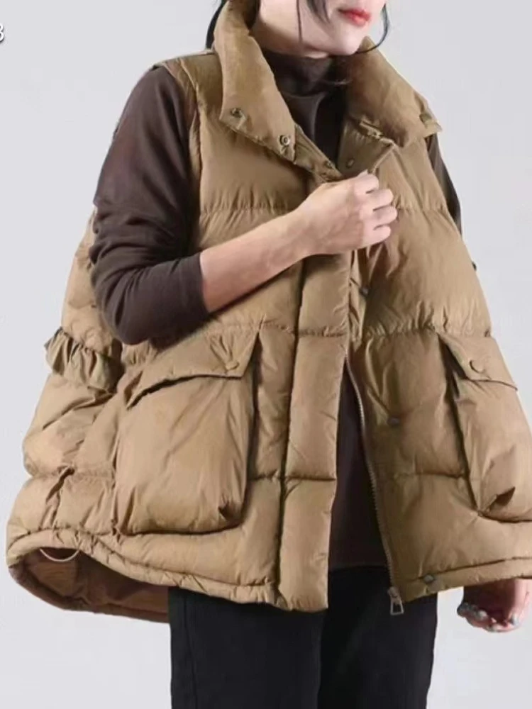 2025 Nuovo Piumino Autunno Inverno Vintage Colletto Casual Cappotto Allentato Top Donna Increspato Cuciture 90% Anatra Bianca Piumino Carro Armato