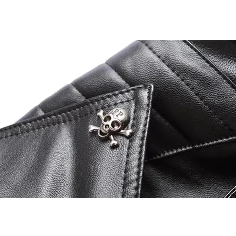 Chaqueta de piel sintética Punk con calavera para hombre, abrigo gótico de invierno de manga larga con cremallera para motorista, chaqueta de cuero negro a la moda Harajuku con cremallera